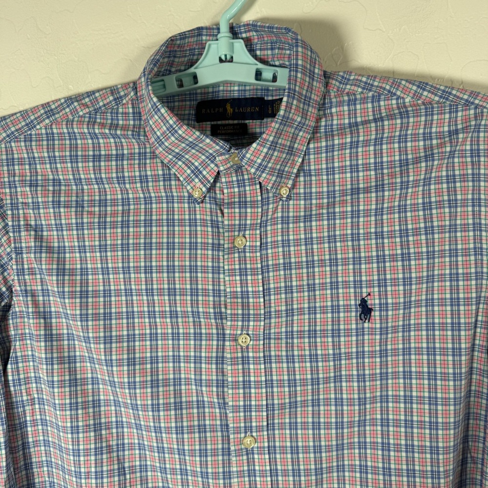 Ralph Lauren Shirt Mens L Blue Pink Plaid Classic Fit Performance Plaid Pony
